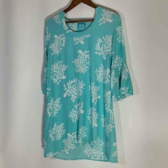 Escapada Swim Cover-Up Turquoise Blue White Coral Pattern Long Sleeve Size Med - Picture 5 of 16